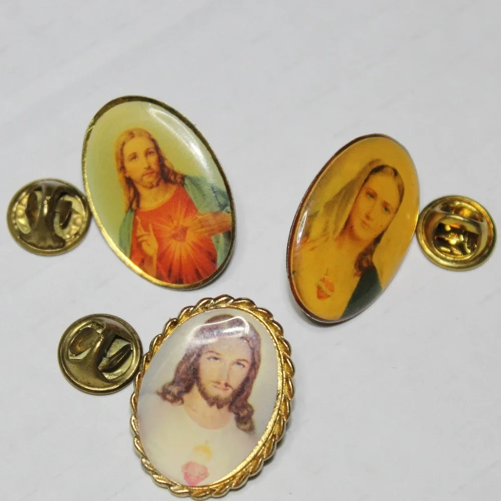 Set of 3 Lapel Pin Sacred Heart Jesus Immaculate Heart Mary Gold Religious OS
